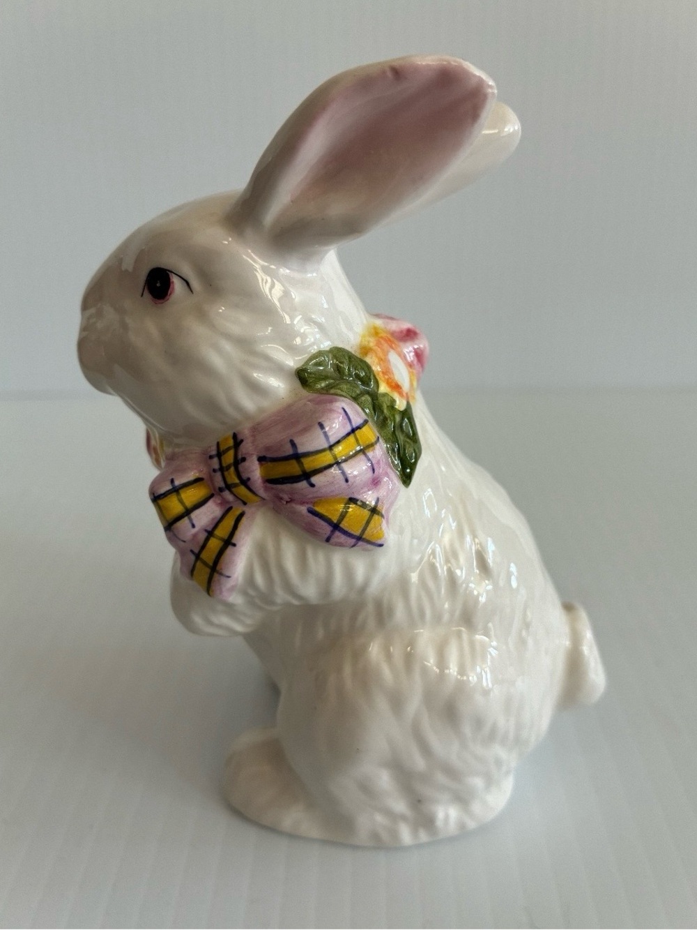 Y2K White Ceramic Bunny Pink Bow Floral Necktie Small Figurine Farmhouse